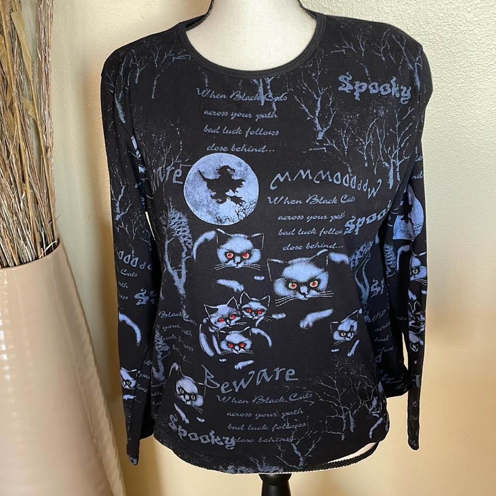 Vintage Hartfield Designs Glowing Eyes Black Cat & Witch Halloween Top Size M
